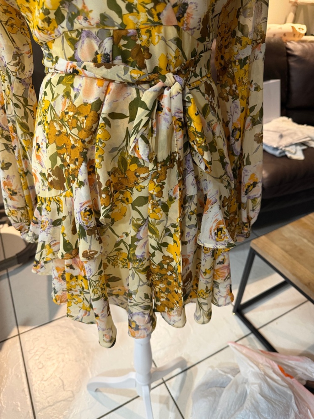 Luxxel Yellow Floral Wrap Long-Sleeve Ruffle Mini Dress - Picture 4 of 8